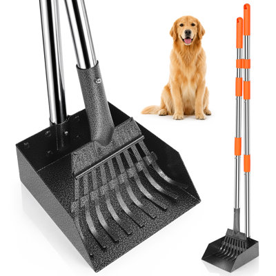 Long-Handle Dog Pooper Scooper, Heavy-Duty Stainless Steel Rake with Tray & Spade Set, for Grass, Dirt, or Gravel,34.85*14.45*5.95