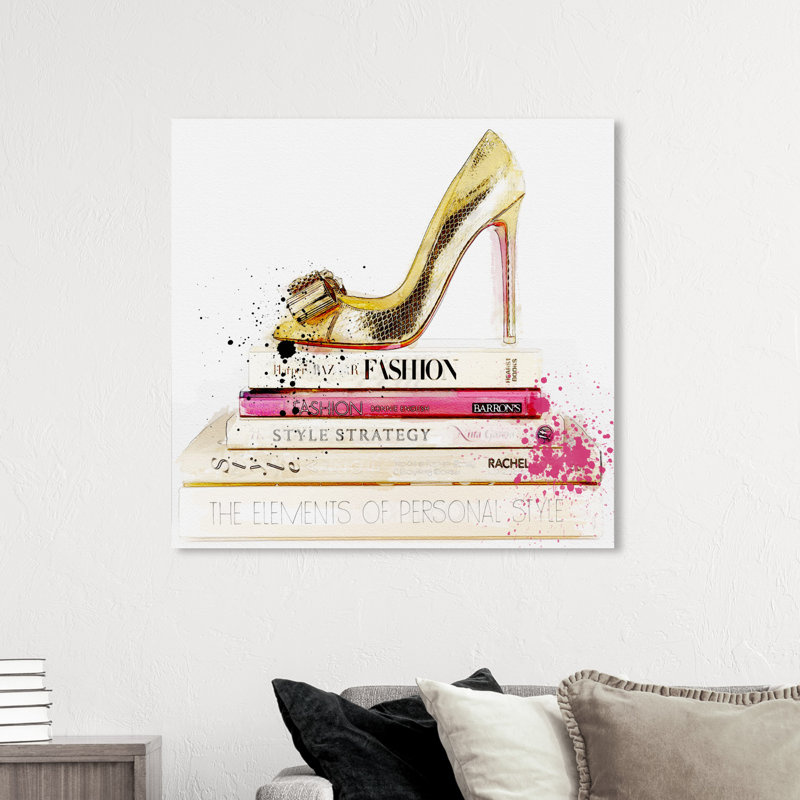 Impression sur toile dorée et sur mesure, chaussures dorées et livres de mode, talons et livres modernes