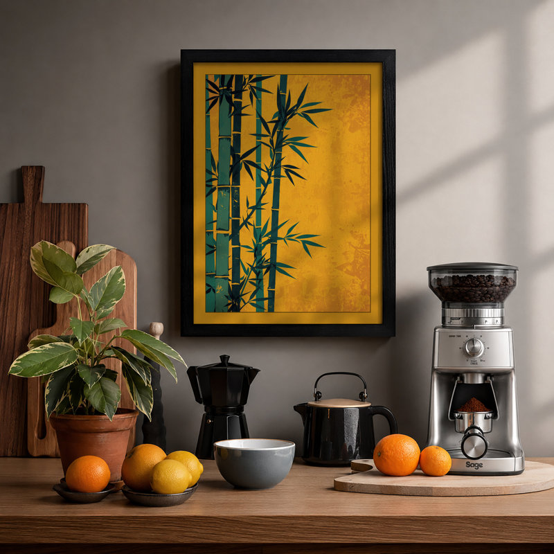 Bamboo Against Gold Japandi - Framed Print, A2 - 59.4 x 42.0 cm, Black
