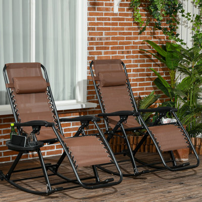 2Pcs Outdoor Rocking Lounge Chairs, Foldable Zero Gravity Recliner With Pillow, Cup & Phone Holder, Brown. Strong Metal Framework, Breathable Fabric Location. Simple Assembly Process 2 Rocker Steel