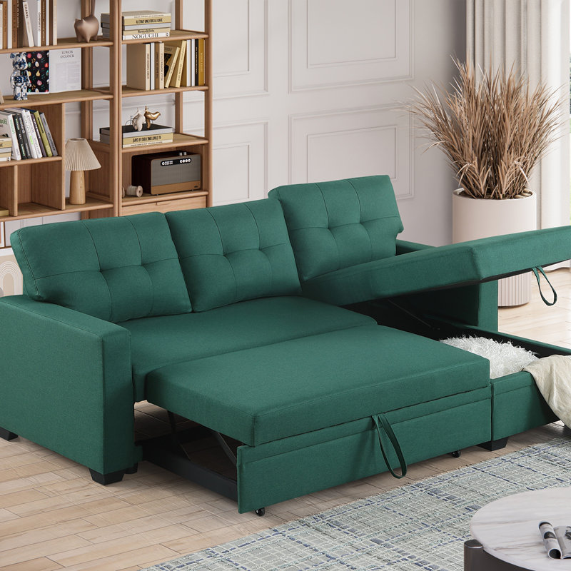 Convertible Upholstered Sectional Sofa with Pull-out Chaise, Left Hand Facing, Green Linen
