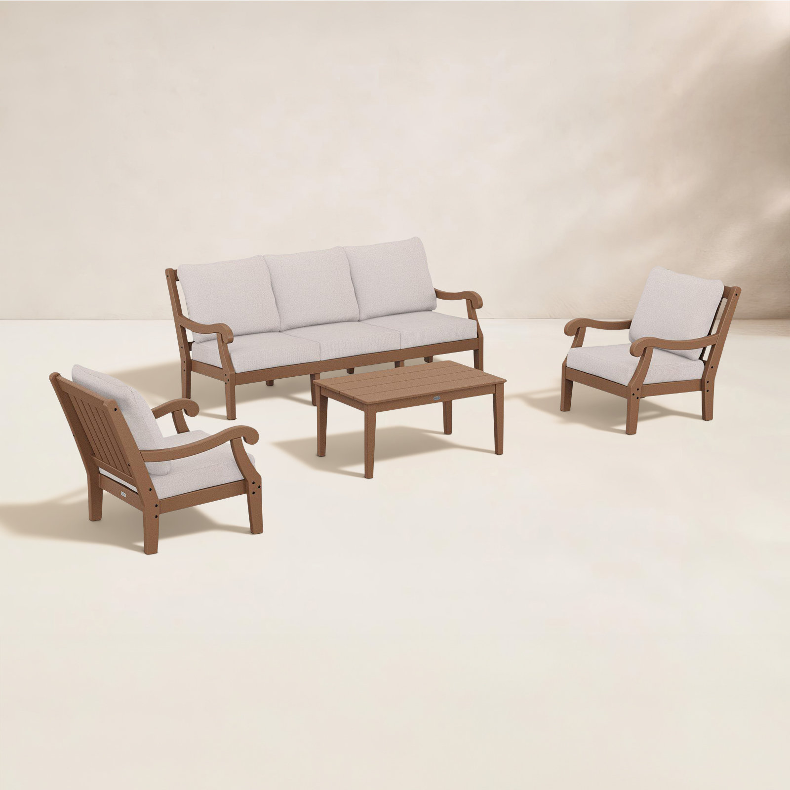 POLYWOOD® Verlyn 5-Person Patio Seating Group, Dune Burlap Cushion/Teak Frame