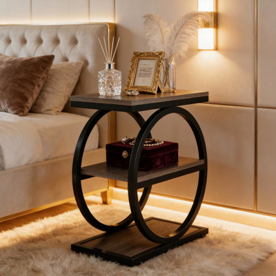 Table basse industrielle grise à 3 compartiments, table d'appoint avec grand espace de rangement, design mince, profondeur 60 cm, largeur 30,6 cm, montage rapide, structure en métal, hauteur 64,2 cm, idéale pour une table d'appoint ou une chambre.