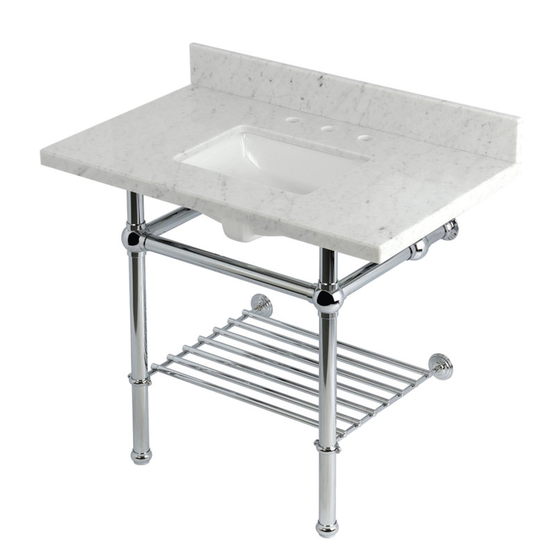 Kingston Brass Templeton 36-Inch Carrara Marble Console Sink with Brass Legs and Shelf (8-Inch, 3-Hole)