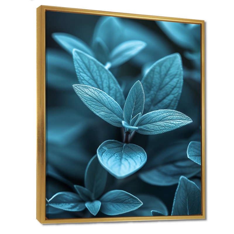 «Blue Natures Nuance Eucalyptus - Eucalyptus», reproduction d'art murale, Toile avec cadre flottant or