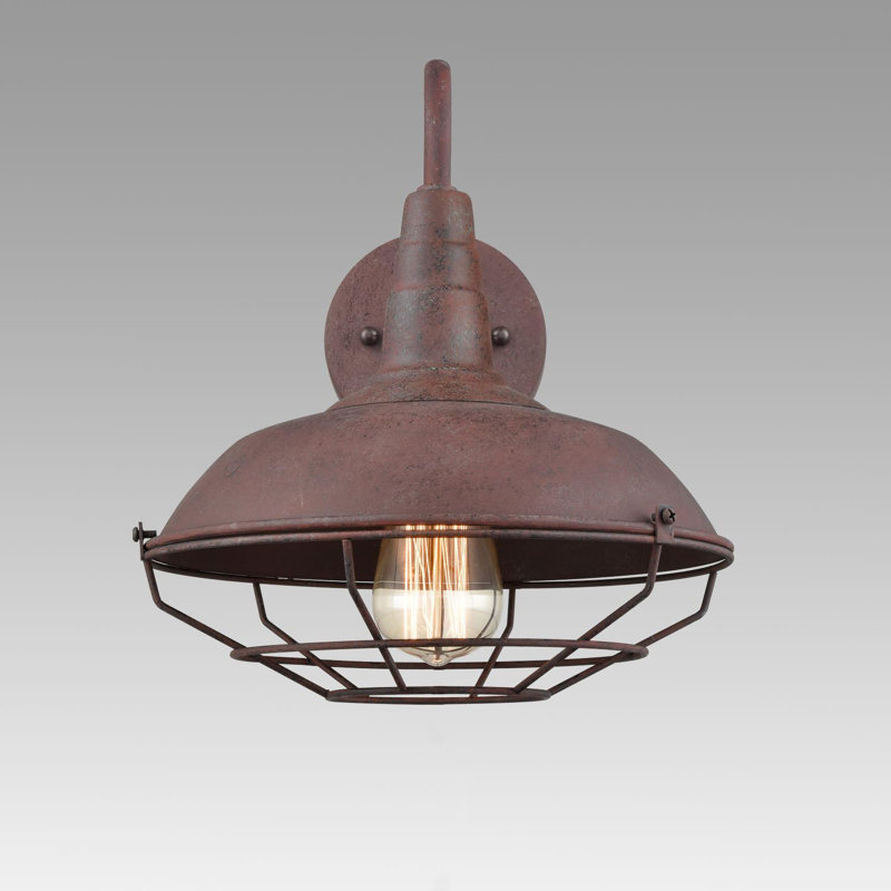 Industrial Vintage Rust Wall Light Fixture With Wire Cage, Gooseneck Design, Plug-In Or Hardwired