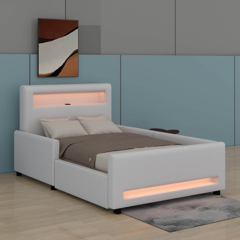 Lit plateforme tapissier en polyuréthane avec tiroir, bande lumineuse à DEL, port USB, Blanc