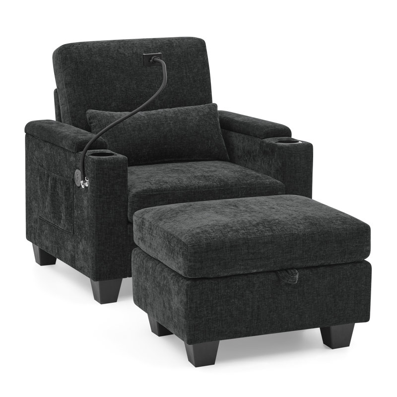 Multifunctional Recliner With Usb, Black Chenille Upholstery, Modern Storage Solutions