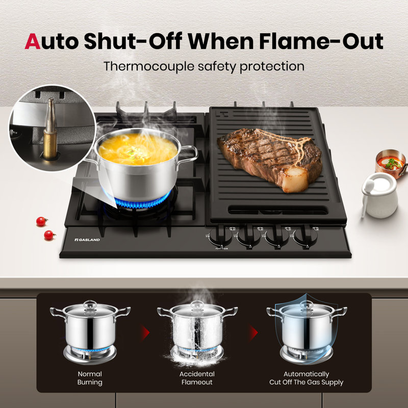 Plaque de cuisson au gaz 24 po à 4 brûleurs en émail noir avec plaque chauffante, convertible au gaz naturel / GPL, certifié ETL