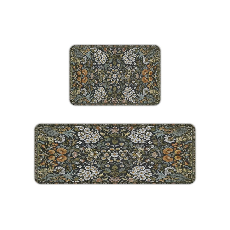 Black Daisy Floral Kitchen Mats, Set Of 2 Traditional Rugs For Kitchen & Hallway