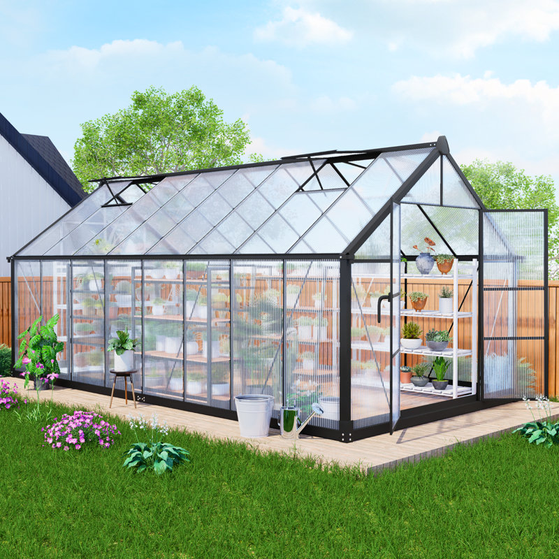 Jardin de serre en aluminium avec évents et gouttières, serre en polycarbonate, H 90 po x l 192 po x P 96 po