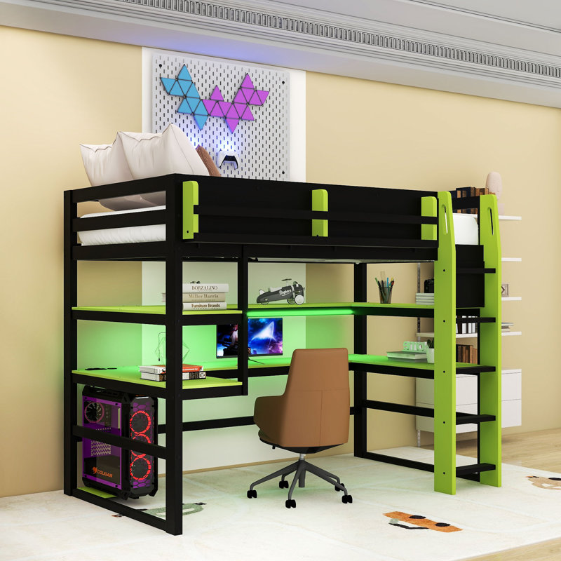 Lit mezzanine avec bureau, lumières RVB, support de rangement latéral et tablettes multiples, Lit simple, Vert