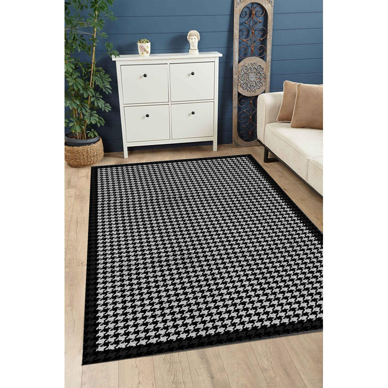 Megois Black Houndstooth Digital Print Cotton Polyester Non-Slip Area Rug, Tapis de couloir 2 pi 7 po x 6 pi 7 po