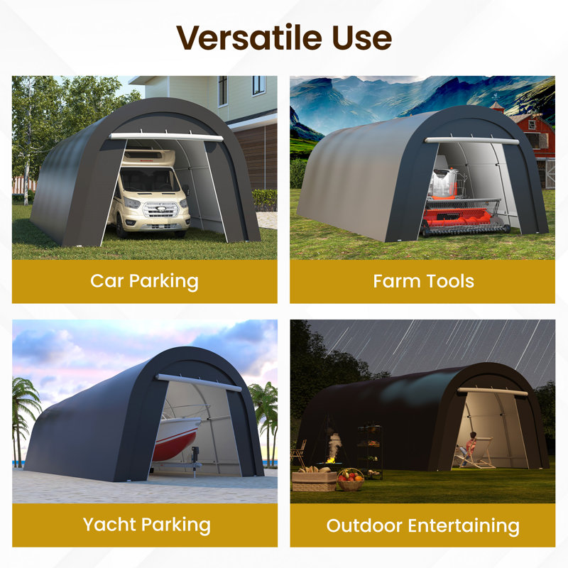 12' X 25' Domed Carport, Portable Garage With 2 Roll Up Doors