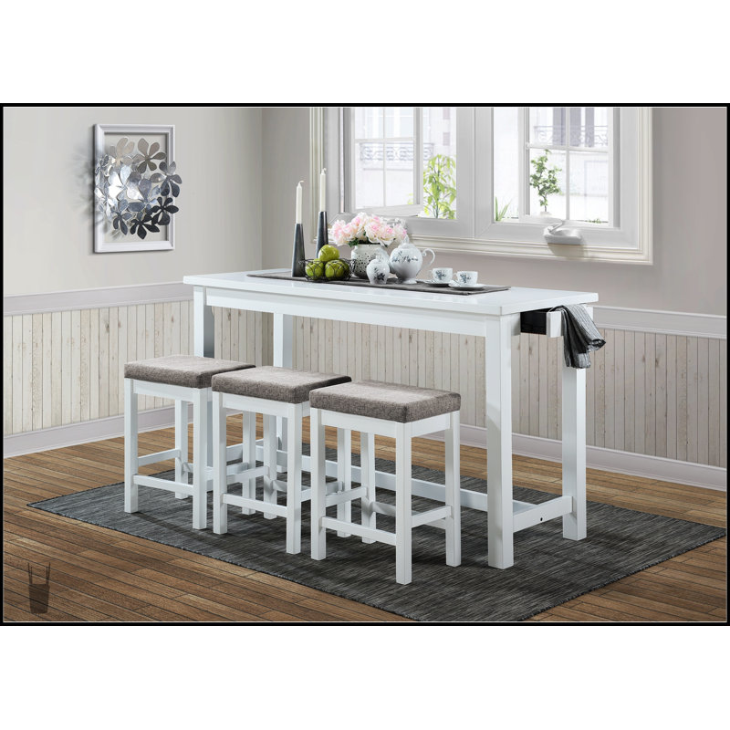Ensemble de salle à manger 4 pièces à hauteur de comptoir avec finition blanche, ports USB intégrés, prises de courant et 3 tabourets confortables pour la vie moderne