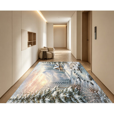 Tapis d'intérieur lavable à la machine, motif paysage de chalet d'hiver, avec envers antidérapant et dos antidérapant. Décoration intérieure chaleureuse pour le salon, la chambre, l'entrée, la cuisine, le balcon, l'appartement.