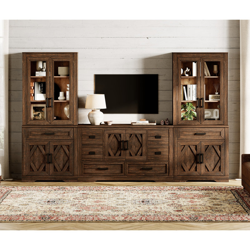 Laziza Stunning Farmhouse TV Stand - Distressed 6-Drawer Media Console & Elegant Dual Barn Door Bookshelves With 5 Spacious Storage Tiers For 60" Tvs
