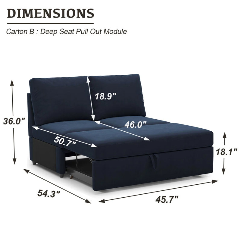 Rafael Armless Pullout Sleeper Sofa Module, Blue Velvet