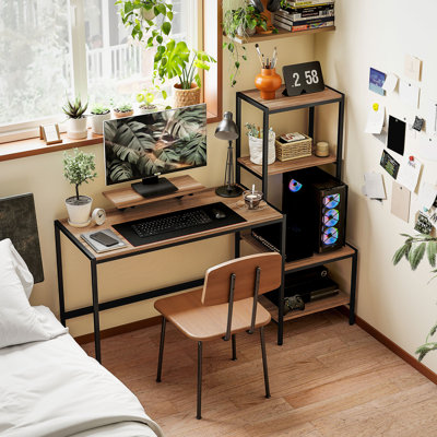 59" Computer Desk with Monitor Stand, 4-Tier Reversible Home Office Desk with Printer Shelf, Brown
