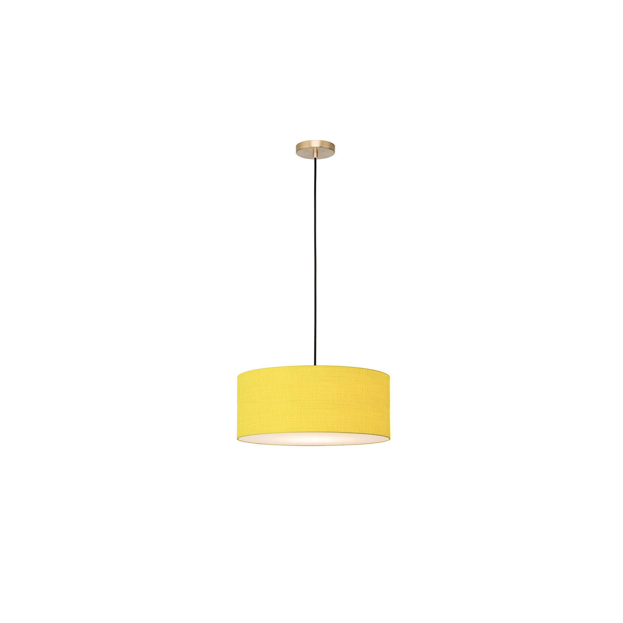 Stretch Pendant, White Linen Shade, Weathered Brass, Mustard