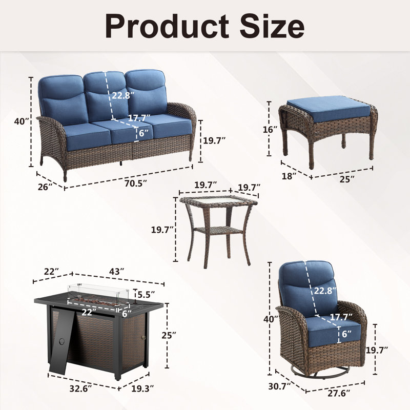 7-Piece Outdoor Wicker Courtyard Fire Pit Conversation Set With Sofa, Swivel Chairs And Ottomans, Blue