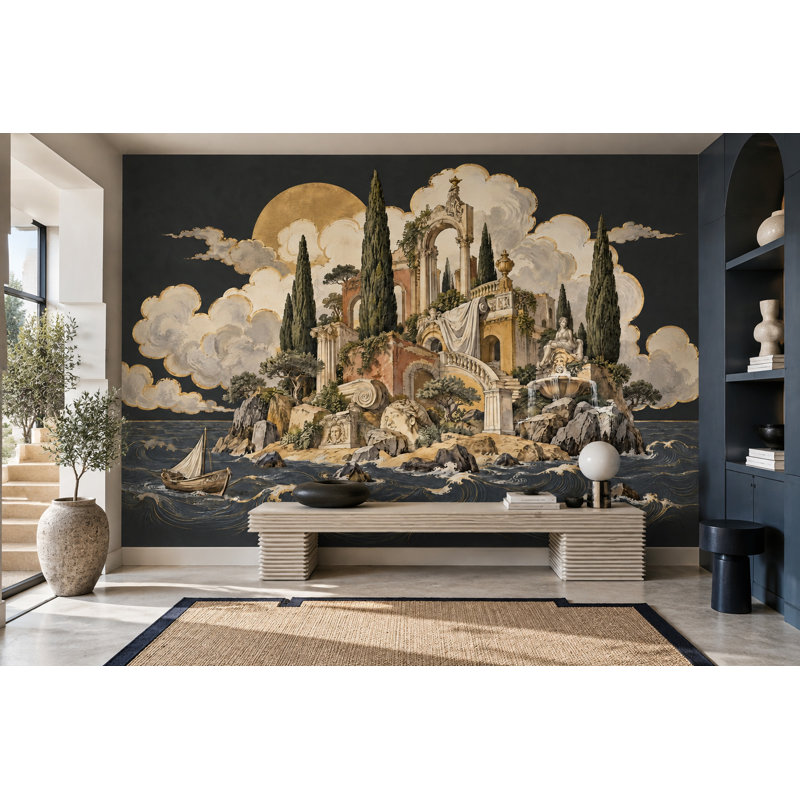 Papier peint mural paysage marin de ruines classiques avec lune dorée, 200 po x 120 po, Peler et coller