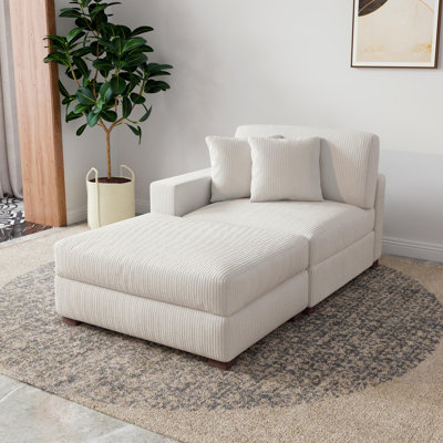 Upholstered Beige Corduroy Modular  Chaise Lounge with Armrests & Throw Pillows