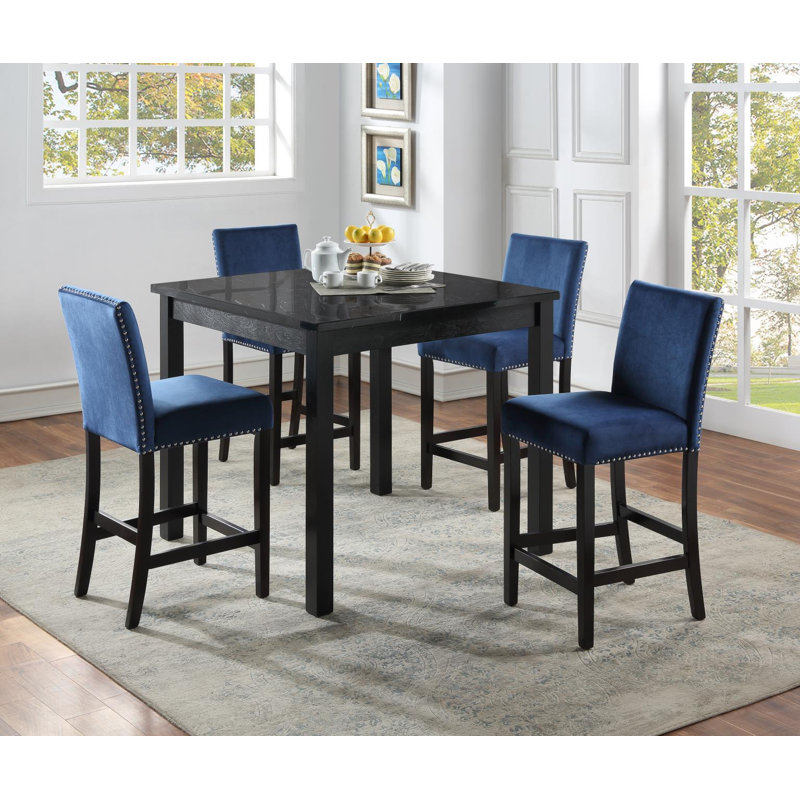 Table de salle à manger en marbre noir avec 4 chaises en velours bleu