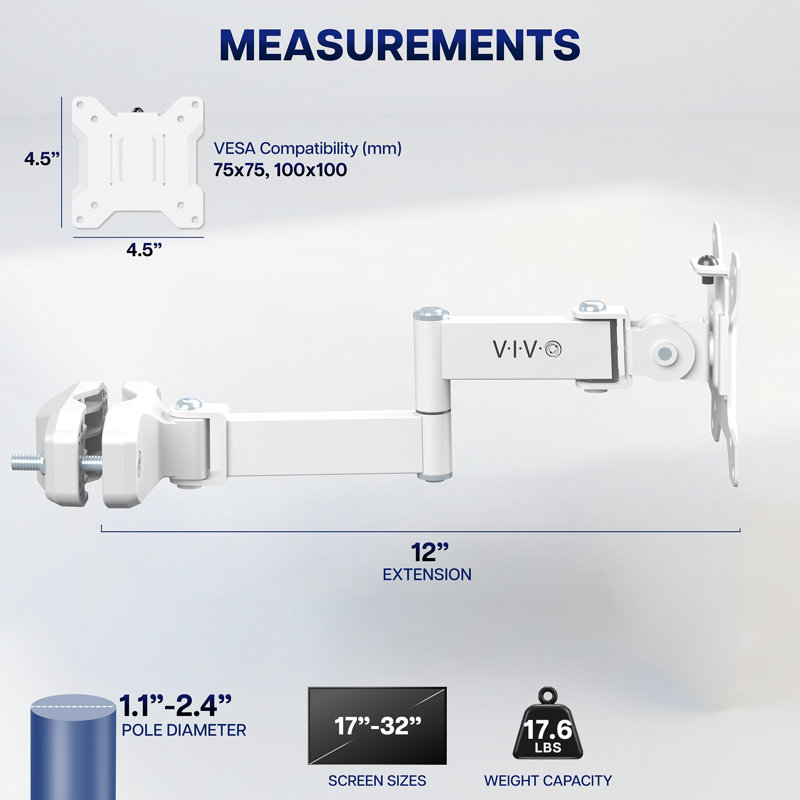 Bras de moniteur blanc à fixation sur mât pour VESA 75 x 75 mm et 100 x 100 mm