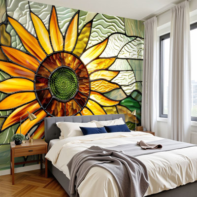 Peel and Stick Wallpaper Sunflower Stained Glass Vibrant Window Art Wall Murals 100"H x 144"W Removable PVC Wall Paper Self-Adhesive Wall Decor for Bedroom Living Room Home Office