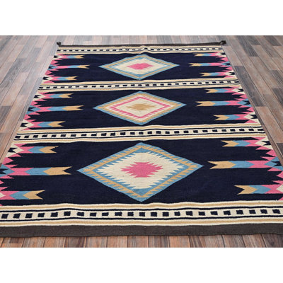 5'4"x6'9" Midnight Blue, American Indian Southwest Geometric Design, Flat Weave, Hand Woven, 100% Wool, Oriental Rug