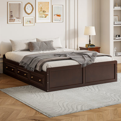 Structure de grand lit plateforme en bois avec 6 tiroirs de rangement, espresso