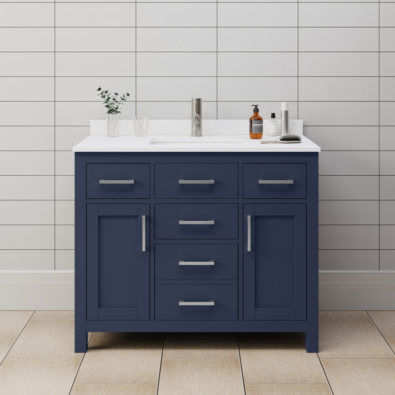 Beckett 42" Freestanding Single Bathroom Vanity with Cultured Marble Top, Dark Blue, White Cultured Marble, Brushed Nickel