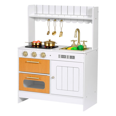 Play Kitchen for Kids, Wooden, Kids Kitchen Playset with Real Lights & Sounds, Food & Cookware Accessories, Pretend Play Toy Set, Sink, Oven, Stove, Cabinet, for Toddlers, Ages 3-8