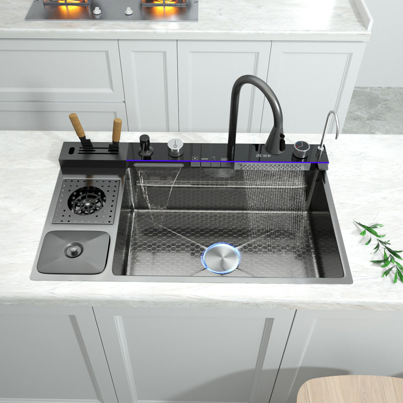 32.3 x 18.9 x 8.3 Inch Stainless Steel Kitchen Sink Single Bowl with Trash Can Integrated Digital Display Waterfall Faucet Multifunction Sink Dishwashing Basin