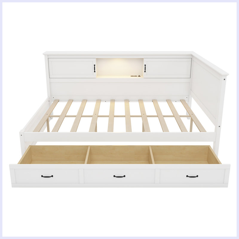 Cadre de lit en forme de L avec tiroir et bibliothèque, lit d'angle en bois avec lit à DEL et port USB pour petite pièce, chambre à coucher, chambre d'amis, lit double