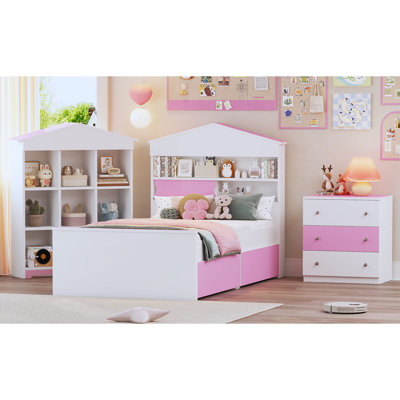 3-pieces Bedroom Sets, Twin Size House-shaped Wooden Bed With Storage Drawers, Nightstand With Colorblock Design And House-shaped Stroage Rack