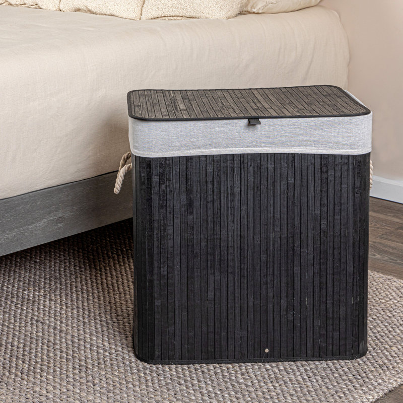 Bamboo Double Laundry Hamper with Rope Handles, Lid and Removable Machine Washable Laundry Bag, 39-Gallons, Black