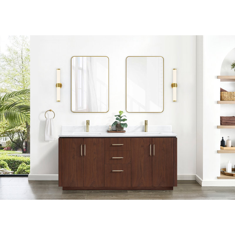 Cloverfield 72'' Double Bathroom Vanity with Cultured Marble Top, Natural Walnut, Gold