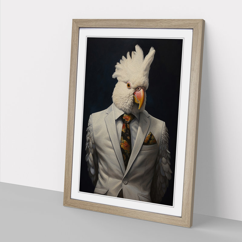 Cockatoo In A Suit Painting - Single Picture Frame Print on Wood, 64cm H x 46cm W x 2cm D, Oak Framed
