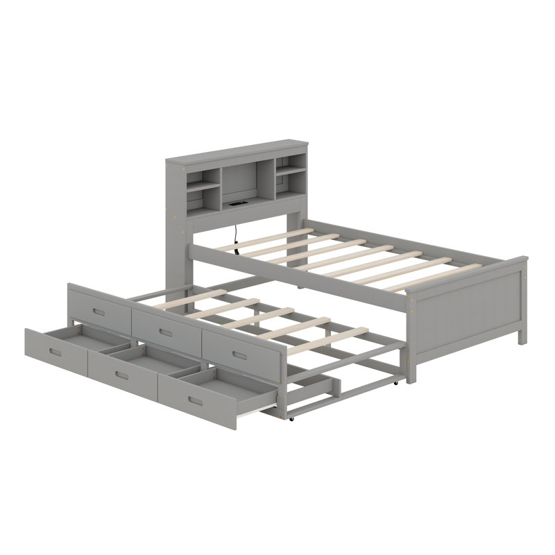 Lit plateforme en bois avec tête de lit avec rangement, USB, lit gigogne et 3 tiroirs, Gris, Lit simple