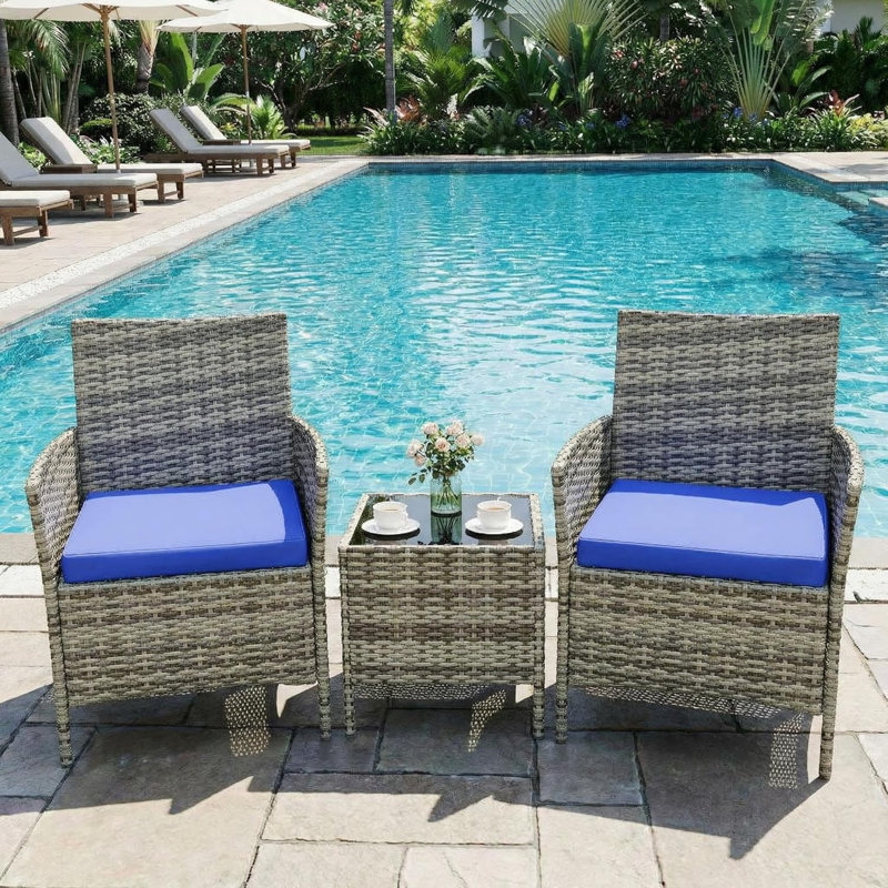 Patio Furniture Set, PE Rattan Wicker 3 Pcs Outdoor Sofa Set,Washable Cushion and Tempered Glass Tabletop, Conversation Furniture for Garden Poolside Balcony(Gray/Blue)