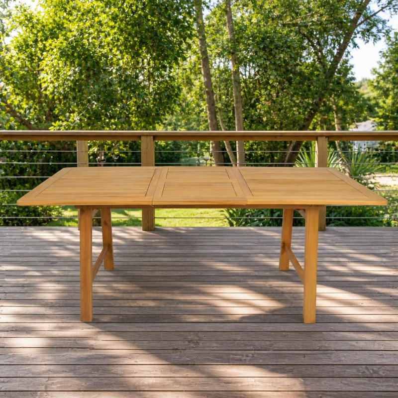 Table de salle à manger extensible en bois d'acacia massif, table de patio rectangulaire à longueur réglable avec plateau à lattes, mobilier d'extérieur résistant aux intempéries