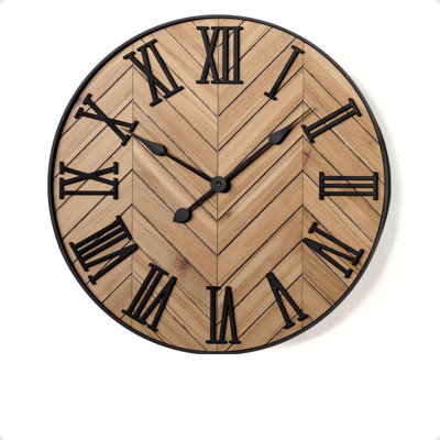 Large Wall Clock 24" Round, Silent Metal & Wood with Big 3D Roman Numerals | Noiseless, No Ticking, Matte Black Iron Frame, Real Wood Clock Face, Herringbone Pattern, Easy to Hang, Battery NOT Included