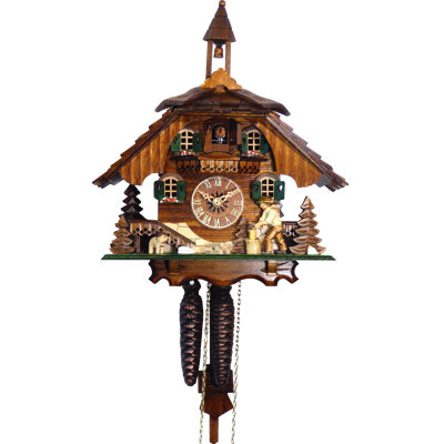  Pendule à coucou Black Forest H 12 po avec homme qui coupe du bois et des cerfs