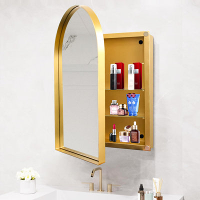 Armoire encastrée 24 po x 36 po avec cadre en métal doré mat, miroir et tablettes réglables pour salle de bain