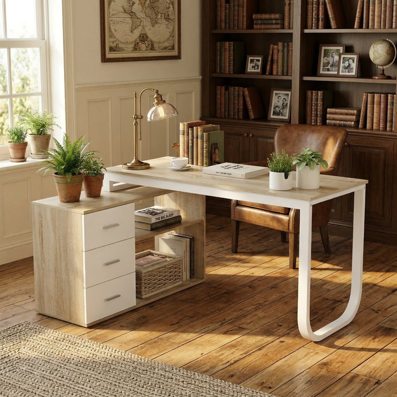 Bureau multifonctionnel réversible avec tiroirs de rangement et tablettes ouvertes Fort Myers, Chêne / blanc