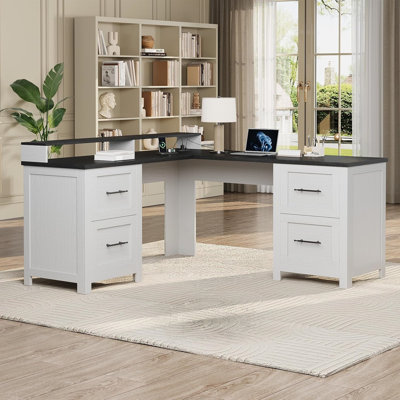 Bureau d'ordinateur de coin en L avec 4 tiroirs classeurs, support pour écran, prise de courant et tiroirs de rangement pour le bureau personnel