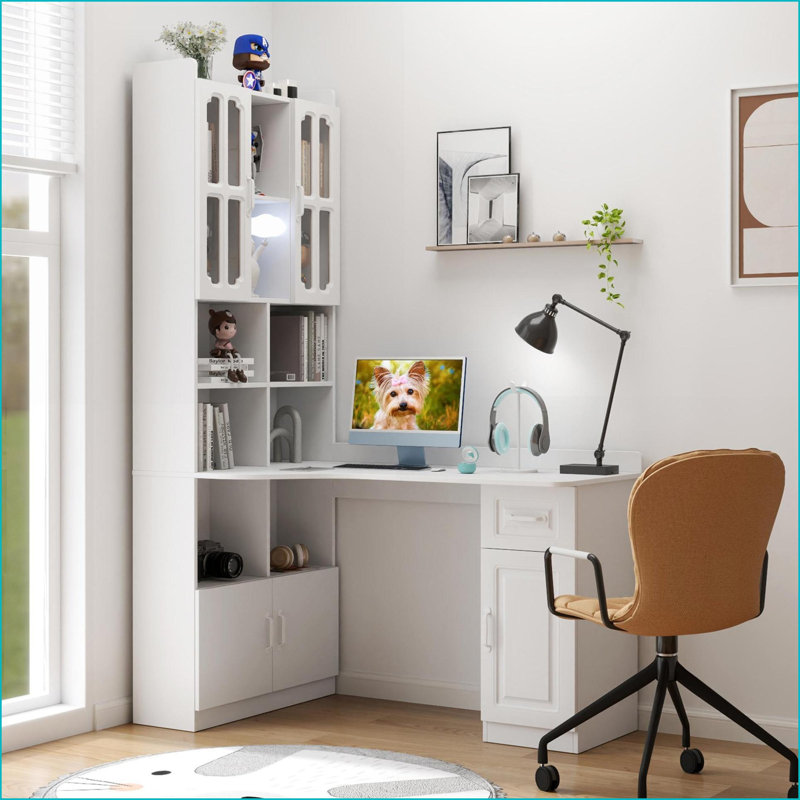 Bureau d'ordinateur de coin moderne en L blanc avec rangement, tiroirs et bureau Huche pour bureau personnel | Panneau de particules et panneau de fibres à densité moyenne