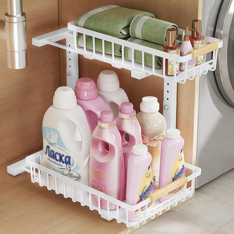 2-Tier Pull-Out Under Sink Organizer, Adjustable Metal Storage Shelf Rack For Kitchen Cabinet, Bathroom, And Laundry Room, Space-Saving Slide-Out Design